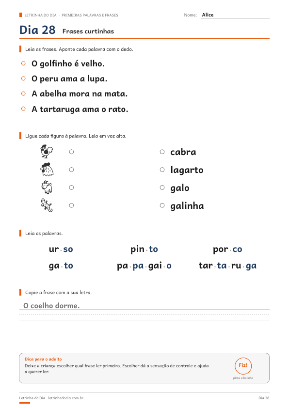Folhinha do dia 28: primeiras frases